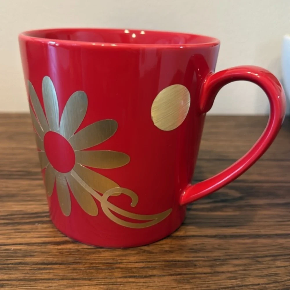Starbucks Red and Gold Floral Coffee Mug‎ Cup 2014 Wide Rim